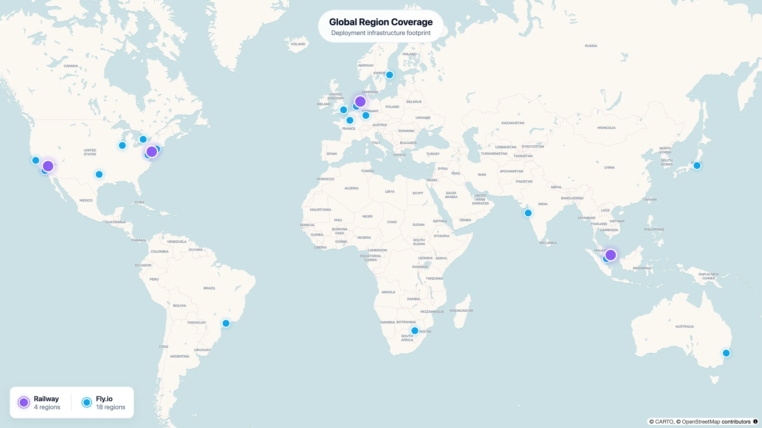 World map comparing Railway 4 regions vs Fly.io 18 regions for global deployment coverage